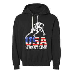 Distressed American Flag USA Wrestling Wrestler Wrestle  Garment-Dyed Fleece Hoodie