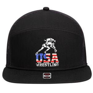 Distressed American Flag USA Wrestling Wrestler Wrestle  7 Panel Mesh Trucker Snapback Hat