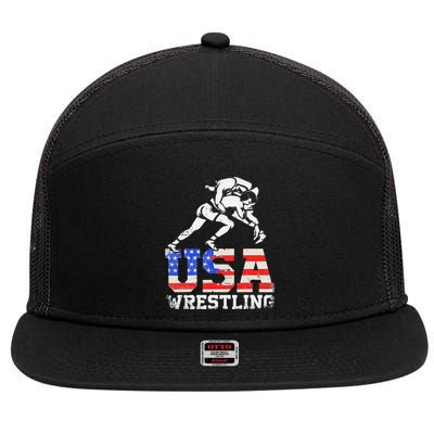 Distressed American Flag USA Wrestling Wrestler Wrestle  7 Panel Mesh Trucker Snapback Hat