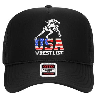 Distressed American Flag USA Wrestling Wrestler Wrestle  High Crown Mesh Back Trucker Hat