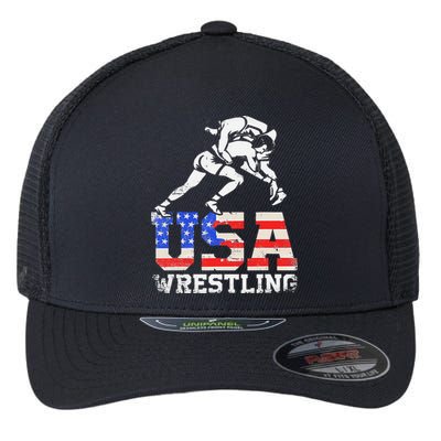 Distressed American Flag USA Wrestling Wrestler Wrestle  Flexfit Unipanel Trucker Cap