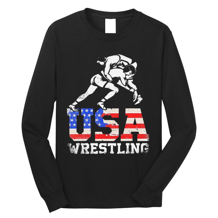 Distressed American Flag USA Wrestling Wrestler Wrestle  Long Sleeve Shirt