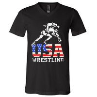 Distressed American Flag USA Wrestling Wrestler Wrestle  V-Neck T-Shirt