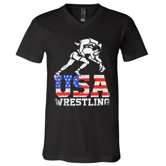 Distressed American Flag USA Wrestling Wrestler Wrestle  V-Neck T-Shirt