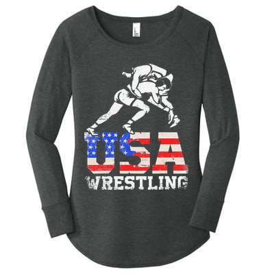 Distressed American Flag USA Wrestling Wrestler Wrestle  Women's Perfect Tri Tunic Long Sleeve Shirt