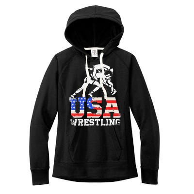 Distressed American Flag USA Wrestling Wrestler Wrestle  Women's Fleece Hoodie
