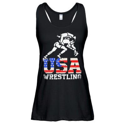 Distressed American Flag USA Wrestling Wrestler Wrestle  Ladies Essential Flowy Tank