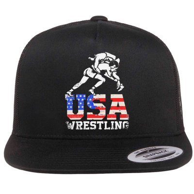 Distressed American Flag USA Wrestling Wrestler Wrestle  Flat Bill Trucker Hat