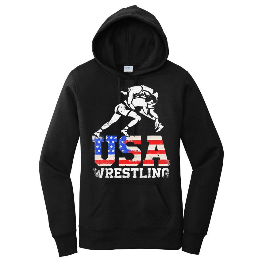 Distressed American Flag USA Wrestling Wrestler Wrestle  Women's Pullover Hoodie