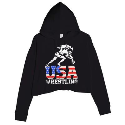 Distressed American Flag USA Wrestling Wrestler Wrestle  Crop Fleece Hoodie