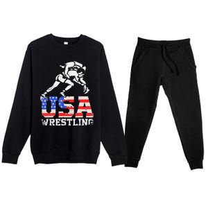 Distressed American Flag USA Wrestling Wrestler Wrestle  Premium Crewneck Sweatsuit Set