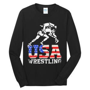 Distressed American Flag USA Wrestling Wrestler Wrestle  Tall Long Sleeve T-Shirt