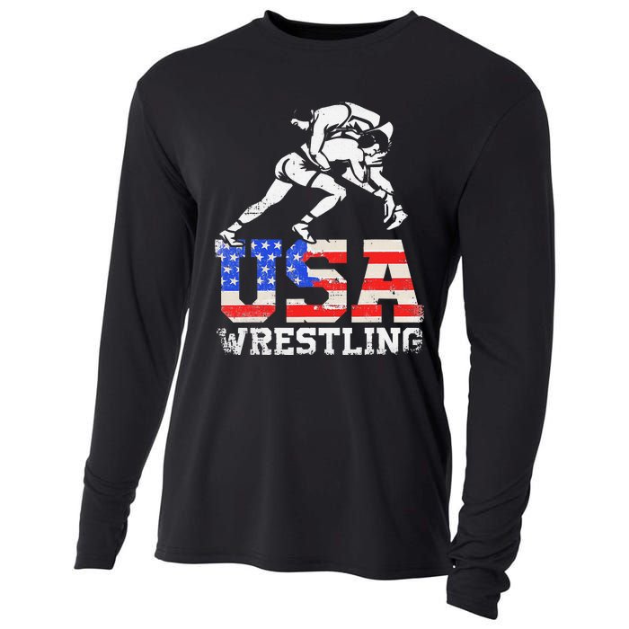 Distressed American Flag USA Wrestling Wrestler Wrestle  Cooling Performance Long Sleeve Crew