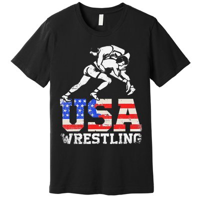 Distressed American Flag USA Wrestling Wrestler Wrestle  Premium T-Shirt