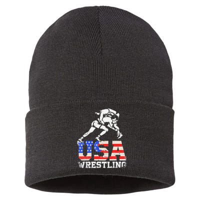 Distressed American Flag USA Wrestling Wrestler Wrestle  Sustainable Knit Beanie