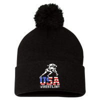 Distressed American Flag USA Wrestling Wrestler Wrestle  Pom Pom 12in Knit Beanie