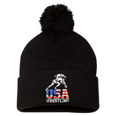 Distressed American Flag USA Wrestling Wrestler Wrestle  Pom Pom 12in Knit Beanie