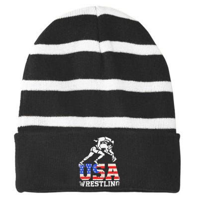 Distressed American Flag USA Wrestling Wrestler Wrestle  Striped Beanie with Solid Band