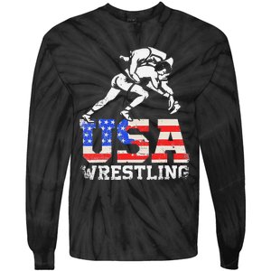 Distressed American Flag USA Wrestling Wrestler Wrestle  Tie-Dye Long Sleeve Shirt