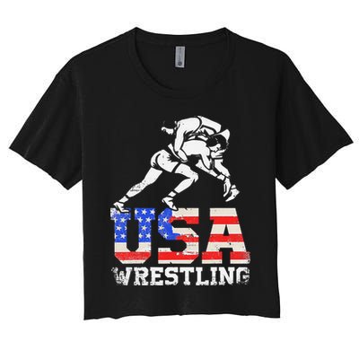 Distressed American Flag USA Wrestling Wrestler Wrestle  Crop Top