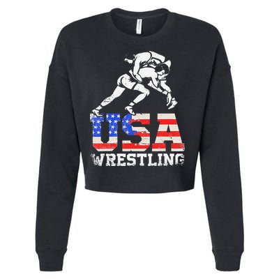 Distressed American Flag USA Wrestling Wrestler Wrestle  Cropped Pullover Crew