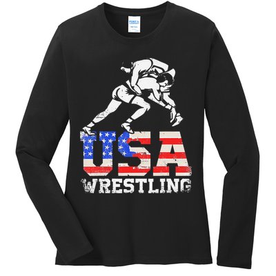 Distressed American Flag USA Wrestling Wrestler Wrestle  Ladies Long Sleeve Shirt