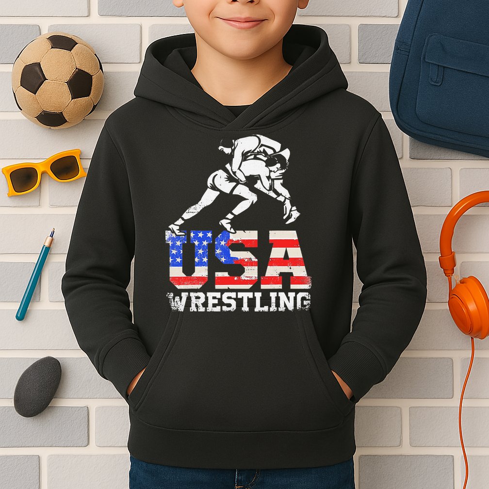 Distressed American Flag USA Wrestling Wrestler Wrestle  Kids Hoodie