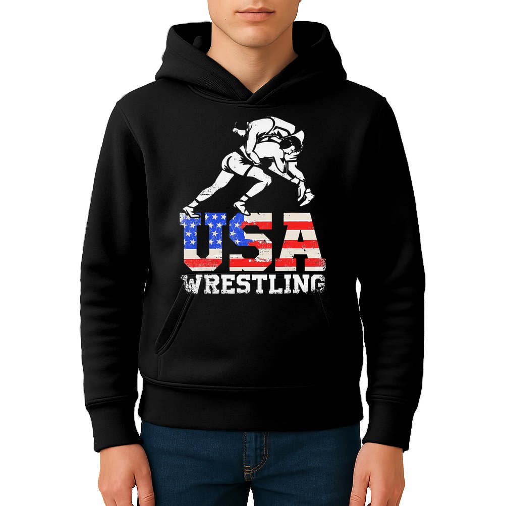 Distressed American Flag USA Wrestling Wrestler Wrestle  Kids Hoodie