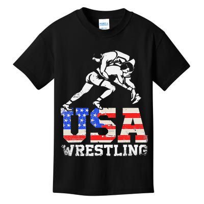 Distressed American Flag USA Wrestling Wrestler Wrestle  Kids T-Shirt