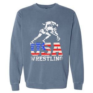 Distressed American Flag USA Wrestling Wrestler Wrestle  Garment-Dyed Sweatshirt