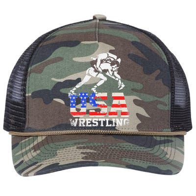 Distressed American Flag USA Wrestling Wrestler Wrestle  Retro Rope Trucker Hat Cap