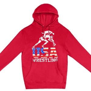 Distressed American Flag USA Wrestling Wrestler Wrestle  Premium Pullover Hoodie