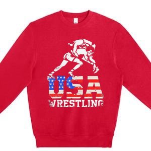 Distressed American Flag USA Wrestling Wrestler Wrestle  Premium Crewneck Sweatshirt