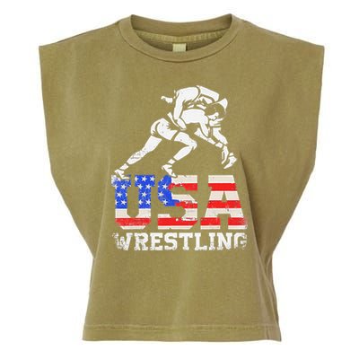 Distressed American Flag USA Wrestling Wrestler Wrestle  Garment-Dyed Women's Muscle Tee