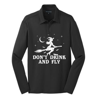 DonT And Fly Drunk Witch With Broom Funny Halloween Funny Gift Silk Touch Performance Long Sleeve Polo