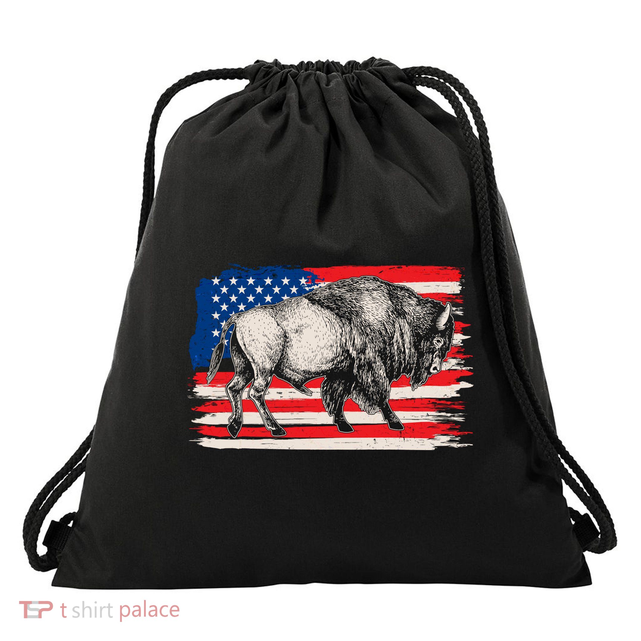 Distress American Flag Vintage Buffalo Drawstring Bag