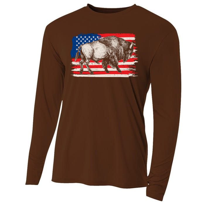 Distress American Flag Vintage Buffalo Cooling Performance Long Sleeve Crew