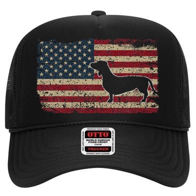 Dachshund America Flag Patriotic Weiner Dog Gift High Crown Mesh Back Trucker Hat