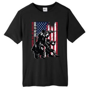 Distress American Flag Home Of The Free Because Of The Brave Gift Tall Fusion ChromaSoft Performance T-Shirt