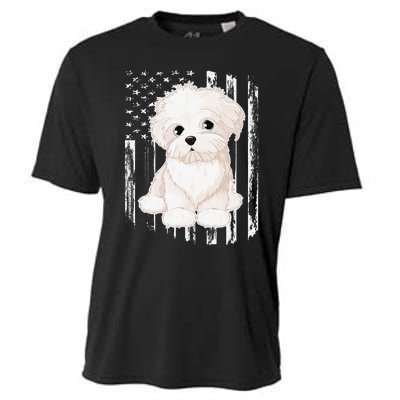 Distressed American Flag Maltese Dog 4th of July Cooling Performance Crew T-Shirt