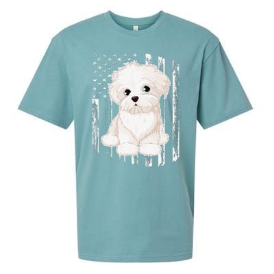 Distressed American Flag Maltese Dog 4th of July Sueded Cloud Jersey T-Shirt