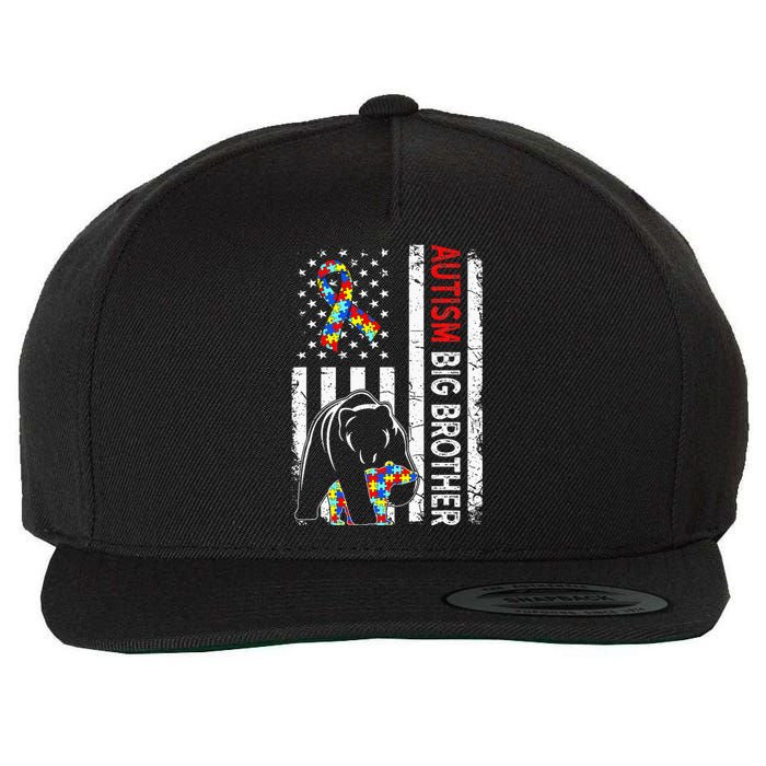 Distressed American Flag Autism Big Brother Bear Awareness Wool Snapback Cap