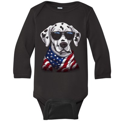 Dalmatian American Flag USA Tee 4th July Gifts Graphic Tees Baby Long Sleeve Bodysuit