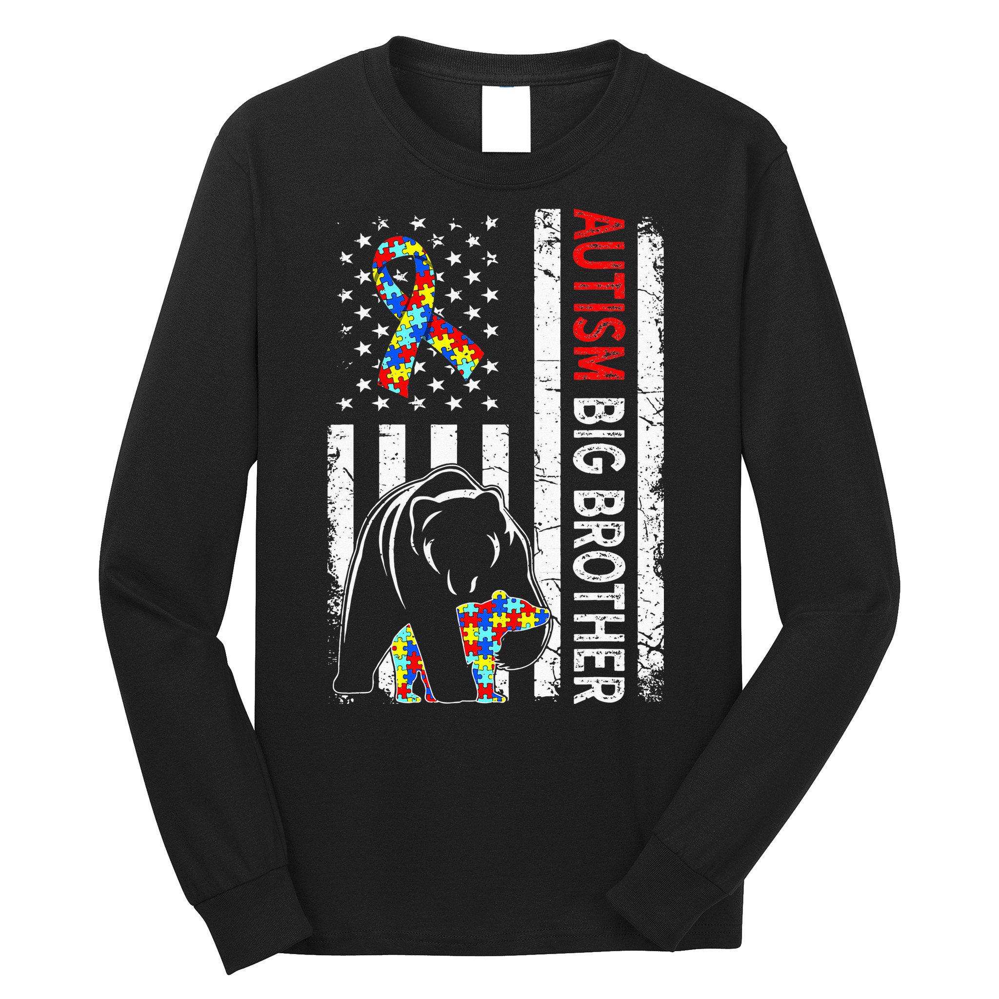 Distressed American Flag Autism Big Brother Bear Awareness  Long Sleeve Shirt