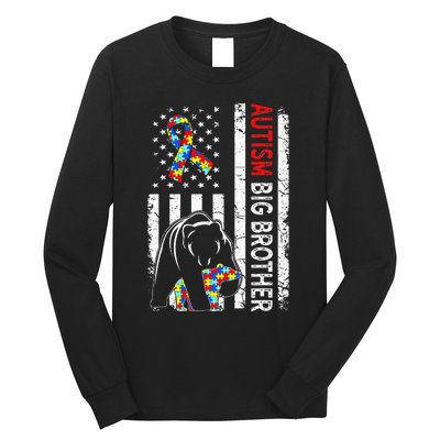 Distressed American Flag Autism Big Brother Bear Awareness  Long Sleeve Shirt