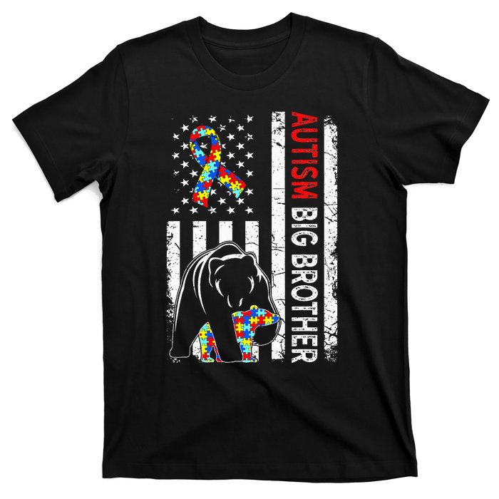 Distressed American Flag Autism Big Brother Bear Awareness  T-Shirt