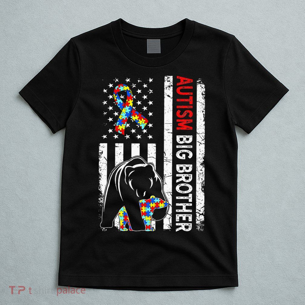 Distressed American Flag Autism Big Brother Bear Awareness  T-Shirt