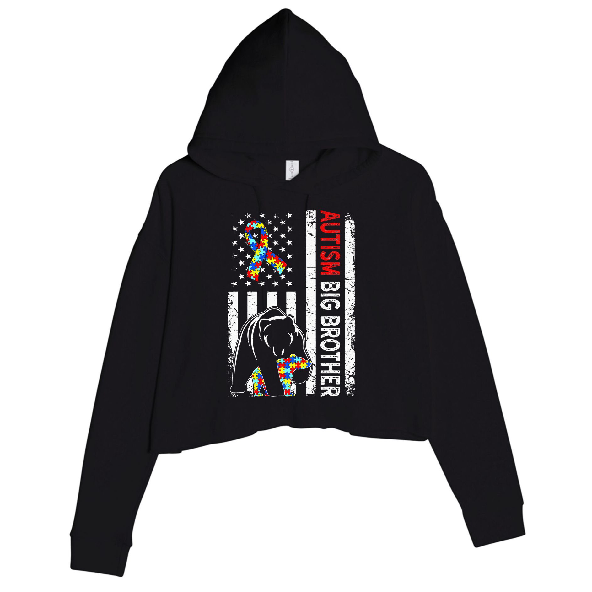 Distressed American Flag Autism Big Brother Bear Awareness  Crop Fleece Hoodie