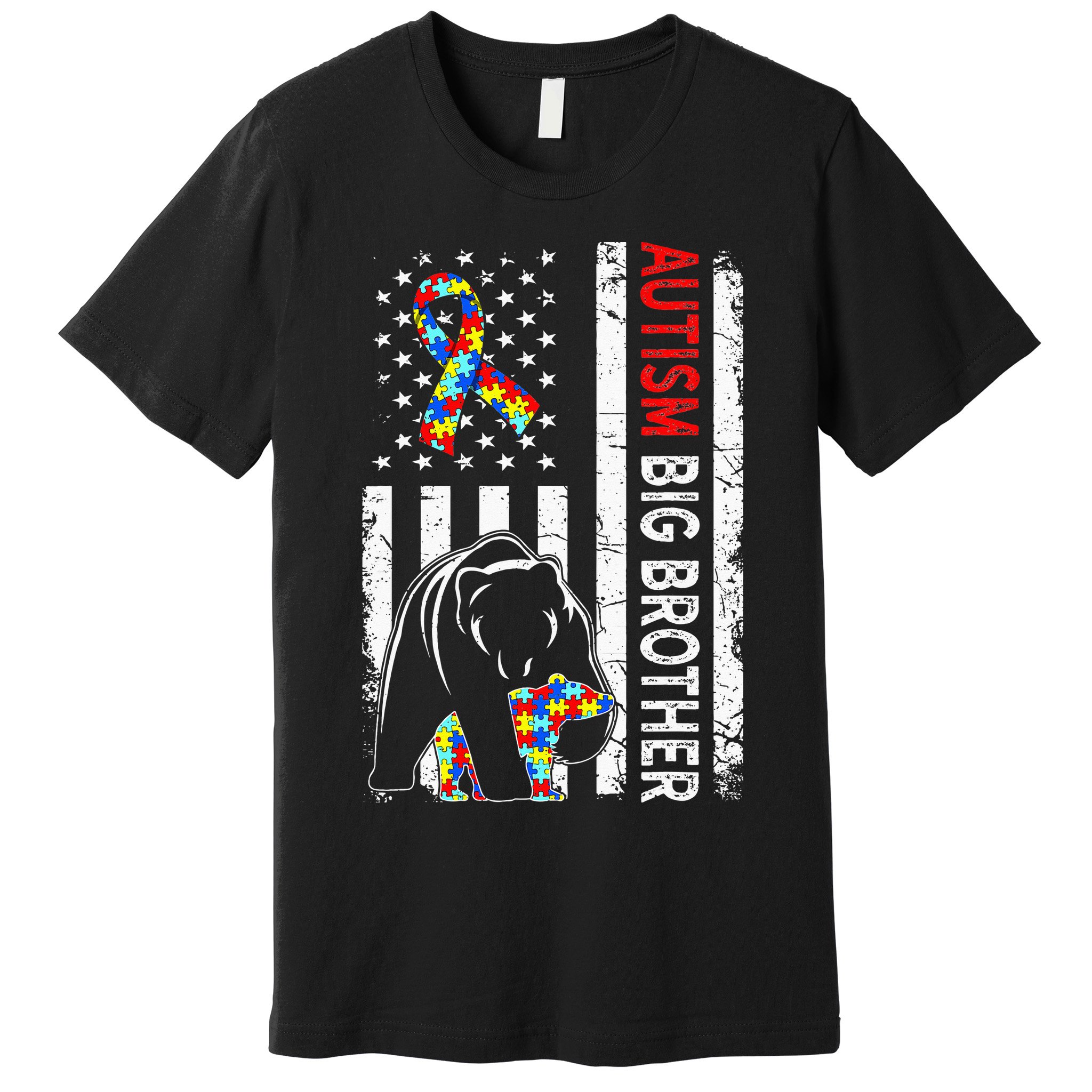 Distressed American Flag Autism Big Brother Bear Awareness  Premium T-Shirt