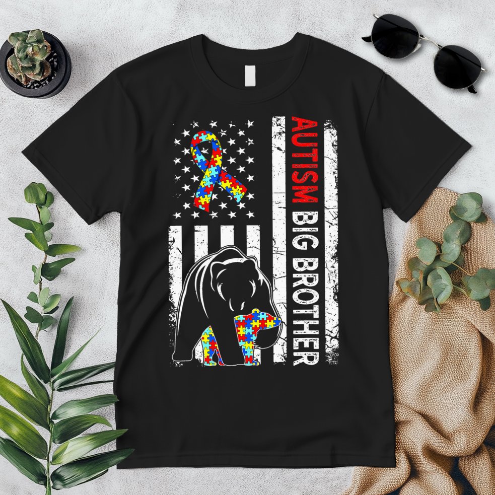 Distressed American Flag Autism Big Brother Bear Awareness  Premium T-Shirt
